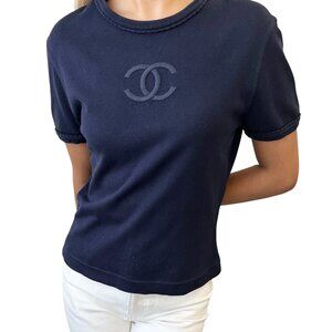 CHANEL Vintage CC Mark Logo Knit T-shirt Top Short Sleeve #38 Dark Blue [106343]